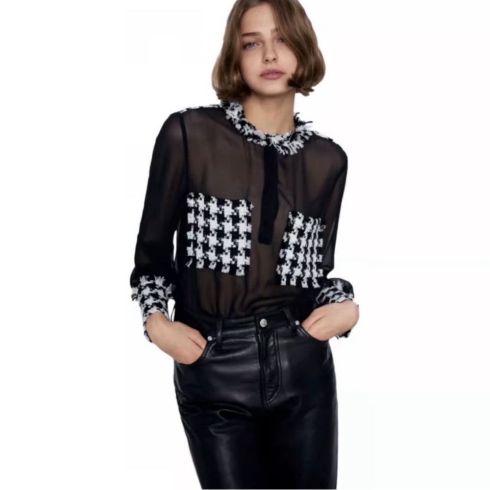 Zara Sheer Houndstooth Tweed Trimmed Black and White Blouse XS